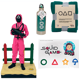 Caja de regalo Juego del Calamar (Figura + Botella + manta + pegatinas)