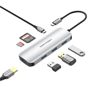 Vention Docking Station Hub USB-C 7 en1 USB-C a HDMI 4K/USB-A3.0x3/lector tarjetas/Carga 100W 0.15m Aluminio