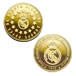Moneda dorada Real Madrid Edición especial con Escudo e inscripción "Reyes de Europa"