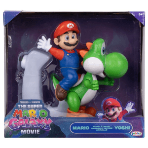 Super Mario The Galaxy Movie Mario Riding Yoshi Figura con Funciones de 8" / 20.3 cm, Oficialmente por , para Edades 3+