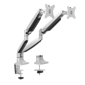 TooQ Soporte de Mesa Giratorio e Inclinable para 2 Pantallas (Monitor / TV Plasma / LCD / LED) 13” – 32”, de Dos Brazos, Plata