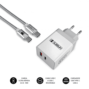 Subblim Cargador Ultra Rapido 2xUSB 25W + QC3.0 + Cable C to C y lightning Negro - Cargador