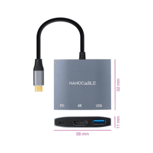 Nanocable Conversor USB-C a HDMI/USB3.0/USB-C PD, 15 cm, Gris