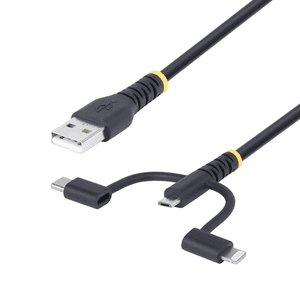 StarTech.com Cable Multicarga Resistente USB de 1m - Lightning/Micro-USB/USB-C - Certificado Apple MFi - Recubrimiento de Aramid