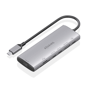 AISENS USB-C Dock 7 en 1, USB-C a 1xHDMI, 1xUSB-A 10G, 2xUSB-C 10G, 1xSD, 1xMicroSD, 1xUSB-C PD 100W, Gris, 20cm