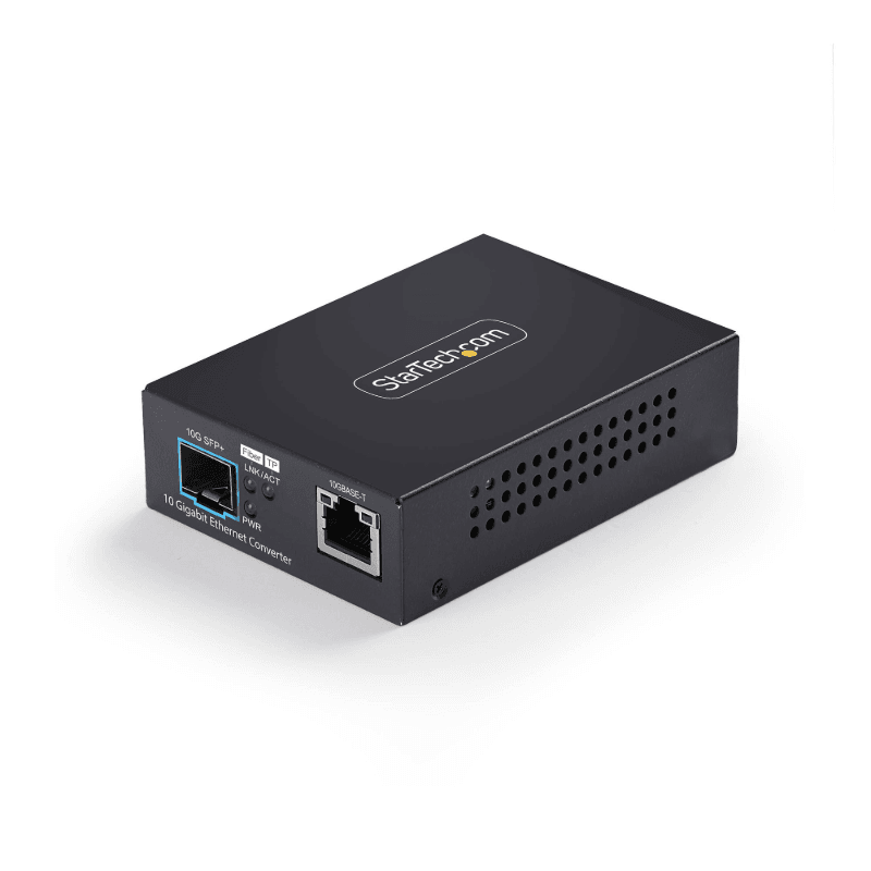 StarTech.com Conversor de Medios de Fibra 10GbE SFP+ - RJ-45 a SFP+ 10GBASE-X - Monomodo - Multimodo - Tramas Jumbo de 16K - TAA