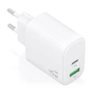 AISENS Cargador GaN 45W, 1xUSB-C PD3.0 QC4.0, 1xUSB-A QC3.0, Blanco