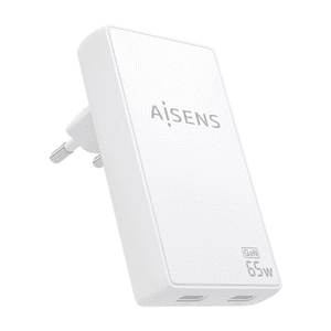 AISENS Cargador De Pared GaN Ultra Delgado 65W, 2xUSB-C PD3.0 QC4.0, Blanco
