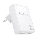 AISENS Cargador De Pared GaN Ultra Delgado 30W, 1xUSB-C PD3.0 QC4.0, 1xUSB-A QC3.0, Blanco