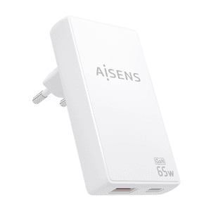 AISENS Cargador De Pared GaN Ultra Delgado 65W, 1xUSB-C PD3.0 QC4.0, 1xUSB-A QC3.0, Blanco