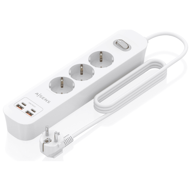 AISENS Regleta de Enchufes Multifuncion con 3 Tomas + Cargador PD3.0 20W 2xUSB-C, 2xUSB-A, 1.4m, Blanco