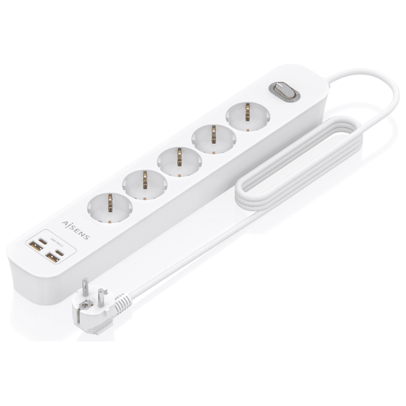 AISENS Regleta de Enchufes Multifuncion con 5 Tomas + Cargador PD3.0 20W 2xUSB-C, 2xUSB-A, 1.4m, Blanco