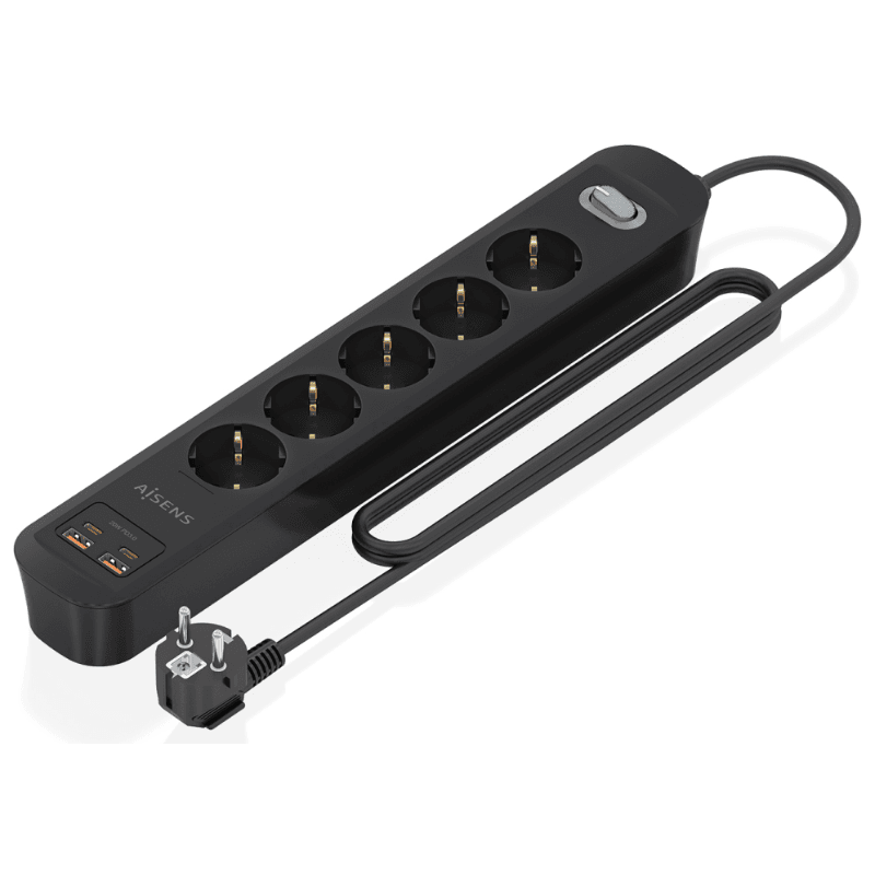 AISENS Regleta de Enchufes Multifuncion con 5 Tomas + Cargador PD3.0 20W 2xUSB-C, 2xUSB-A, 1.4m, Negro