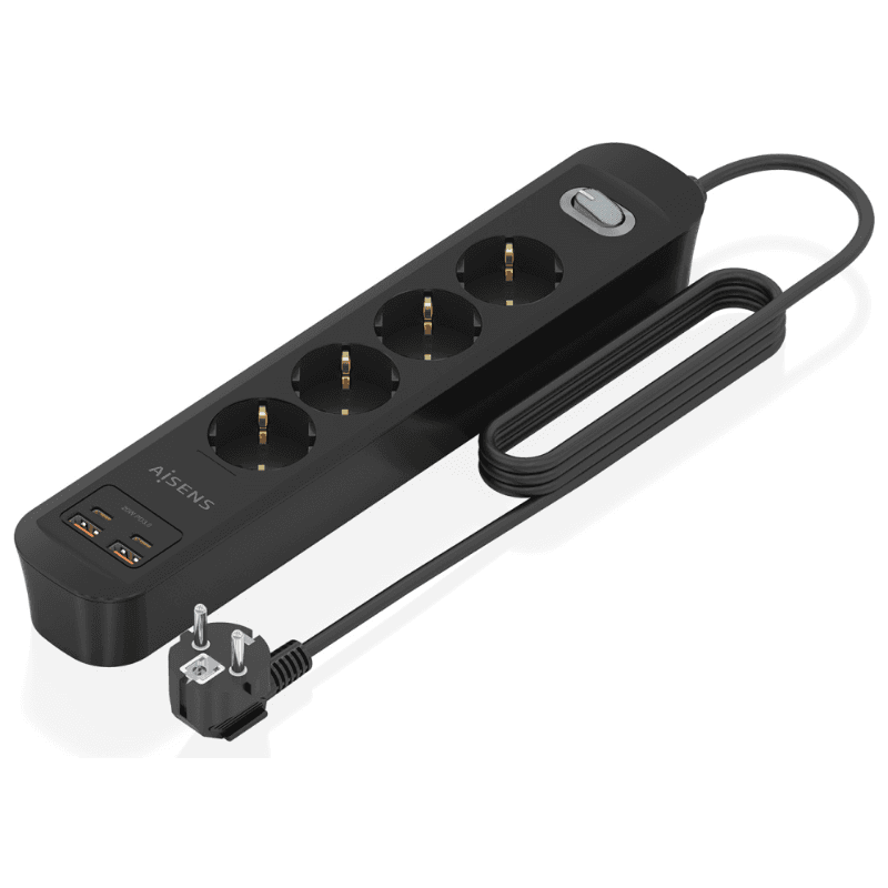 AISENS Regleta de Enchufes Multifuncion con 4 Tomas + Cargador PD3.0 20W 2xUSB-C, 2xUSB-A, 1.4m, Negro