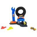 Hot Wheels City Conjunto de juego Tienda de neumáticos urbana de con coche metálico a escala 1:64 y pista Speed Snap compatible