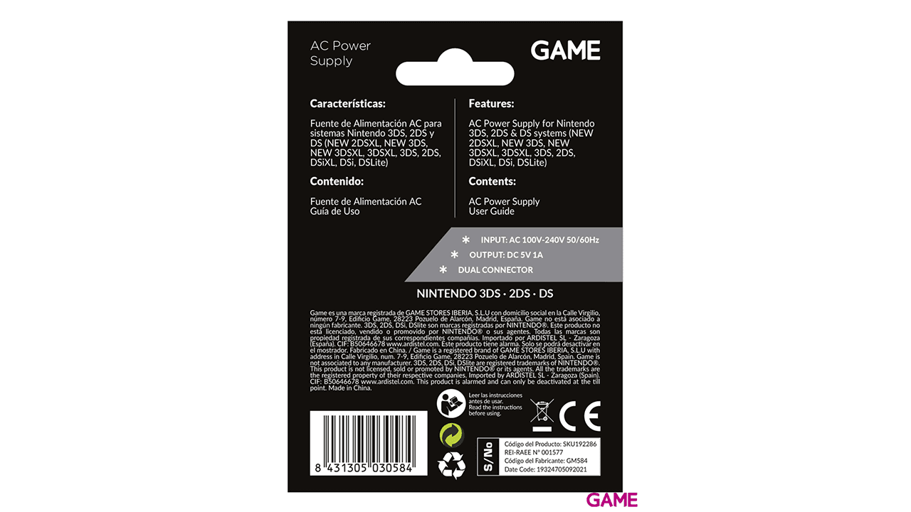 GAME GM584 Fuente de Alimentación para 2DS-3DS-DSi
