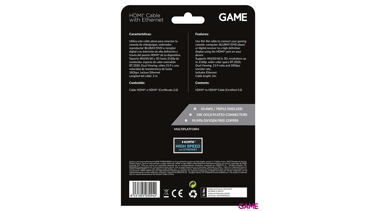 GAME GM942 Cable HDMI 4K 3D PS5-PS4-XSX-XONE-NSW-PC