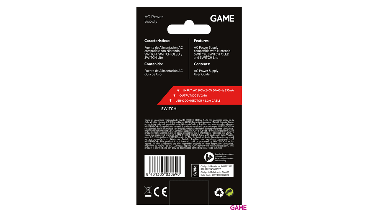 GAME GM690 Fuente de Alimentación para Nintendo Switch
