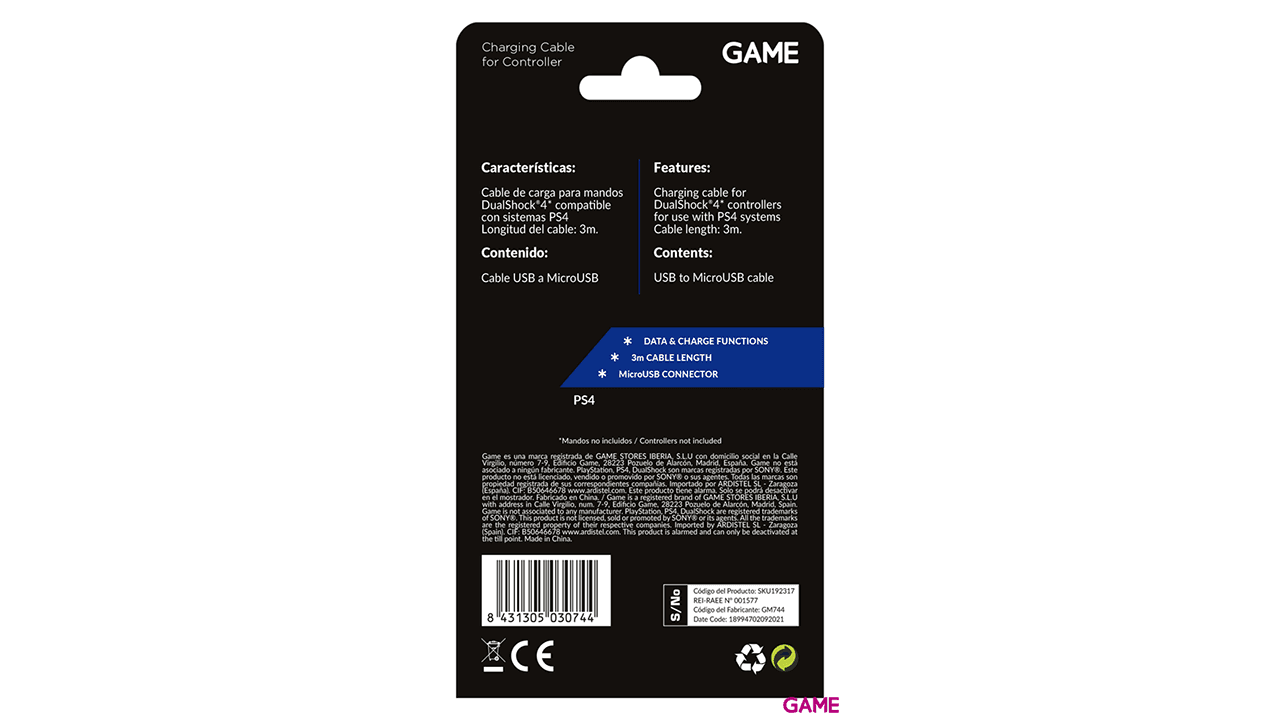 GAME GM744 Cable Carga MicroUSB para 1 Mando DualShock4