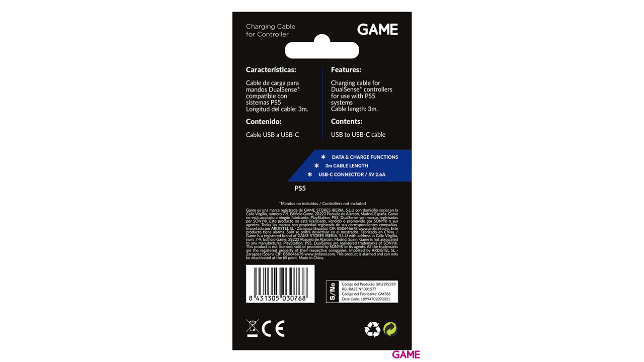 GAME GM768 Cable de carga USB-C para mando DualSense