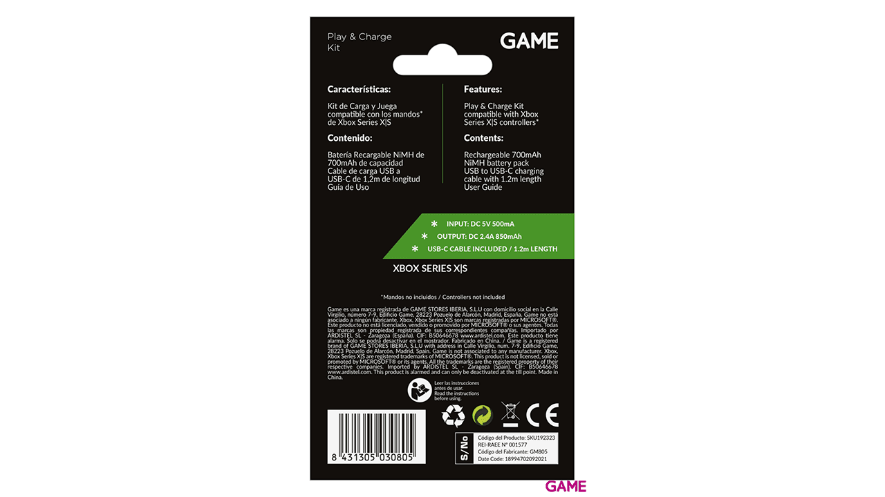 GAME GM805 Kit de Carga y Juega para Mando