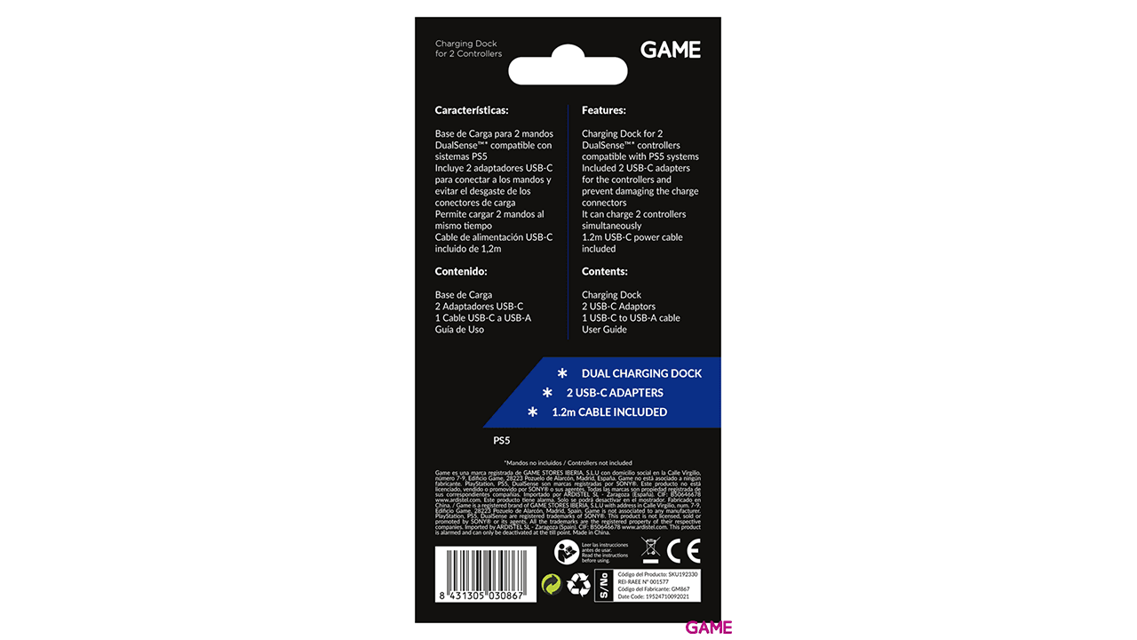 GAME GM867 Cargador Dual para Mandos DualSense