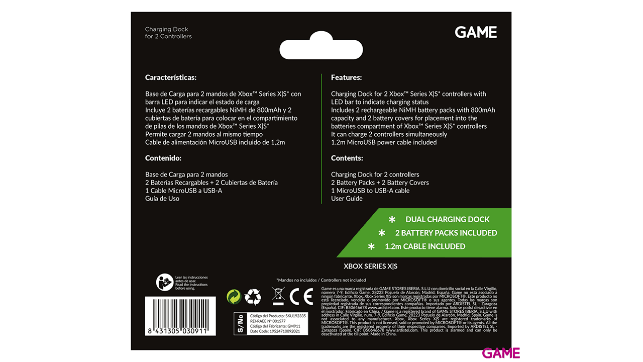 GAME GM911 Base de recarga doble para 2 Mandos + 2 Baterías