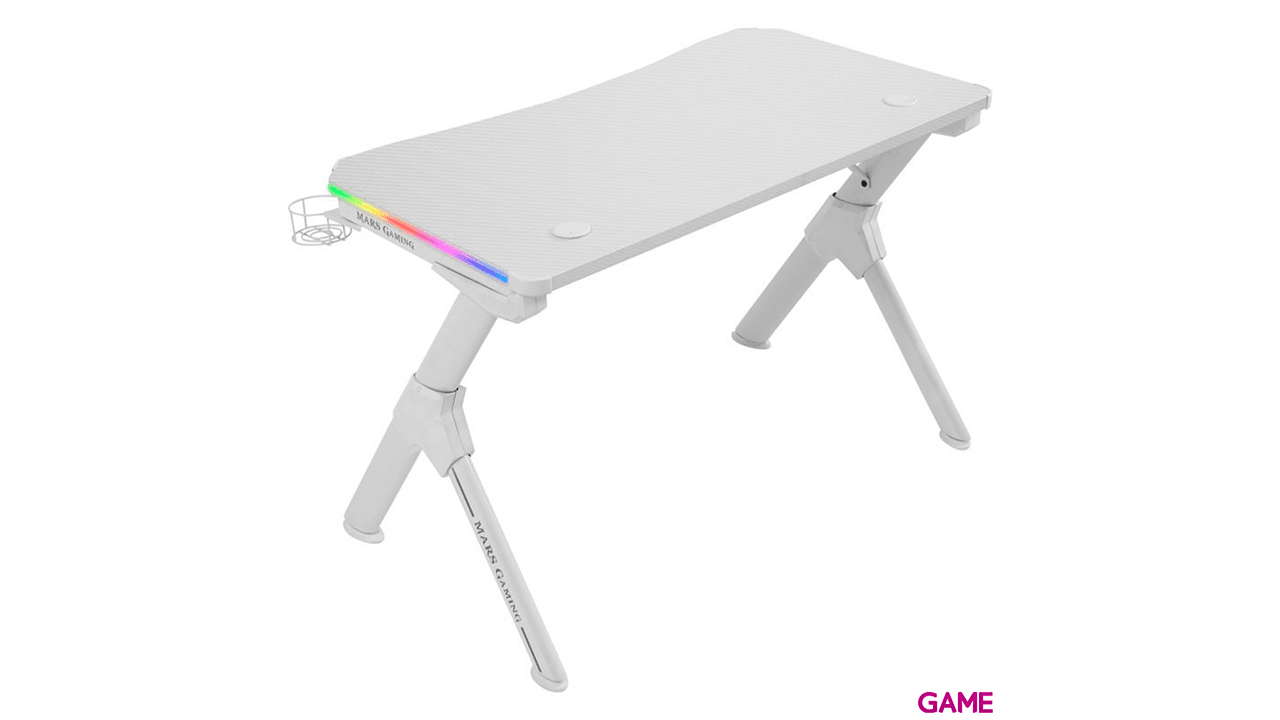 Mars Gaming MGD Gaming Desk- Fibra Carbono - Soporte Taza y Auriculares - Guia Cables - Blanco - Mesa Gaming
