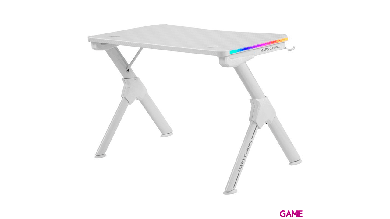 Mars Gaming MGD Gaming Desk- Fibra Carbono - Soporte Taza y Auriculares - Guia Cables - Blanco - Mesa Gaming