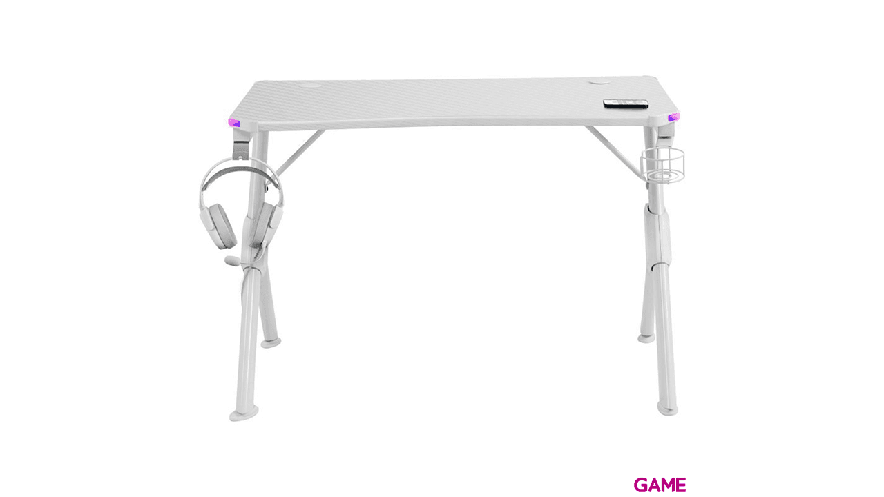 Mars Gaming MGD Gaming Desk- Fibra Carbono - Soporte Taza y Auriculares - Guia Cables - Blanco - Mesa Gaming