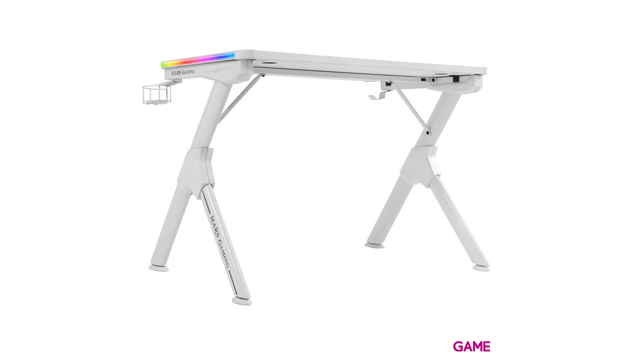 Mars Gaming MGD Gaming Desk- Fibra Carbono - Soporte Taza y Auriculares - Guia Cables - Blanco - Mesa Gaming