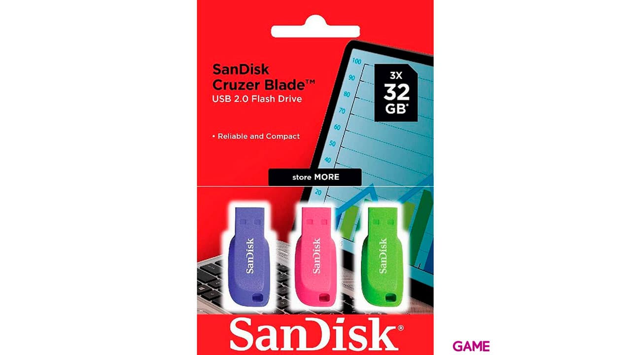 Sandisk Cruzer Blade 3x 32GB USB A 2.0 Azul Verde Rosa - Pendrive