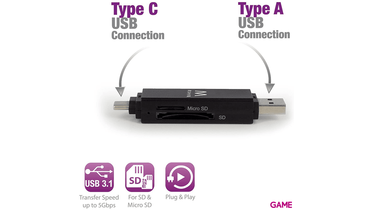 Ewent EW1075 USB 3.2 Gen 1 (3.1 Gen 1) Type-A/Type-C Negro - Lector Tarjetas