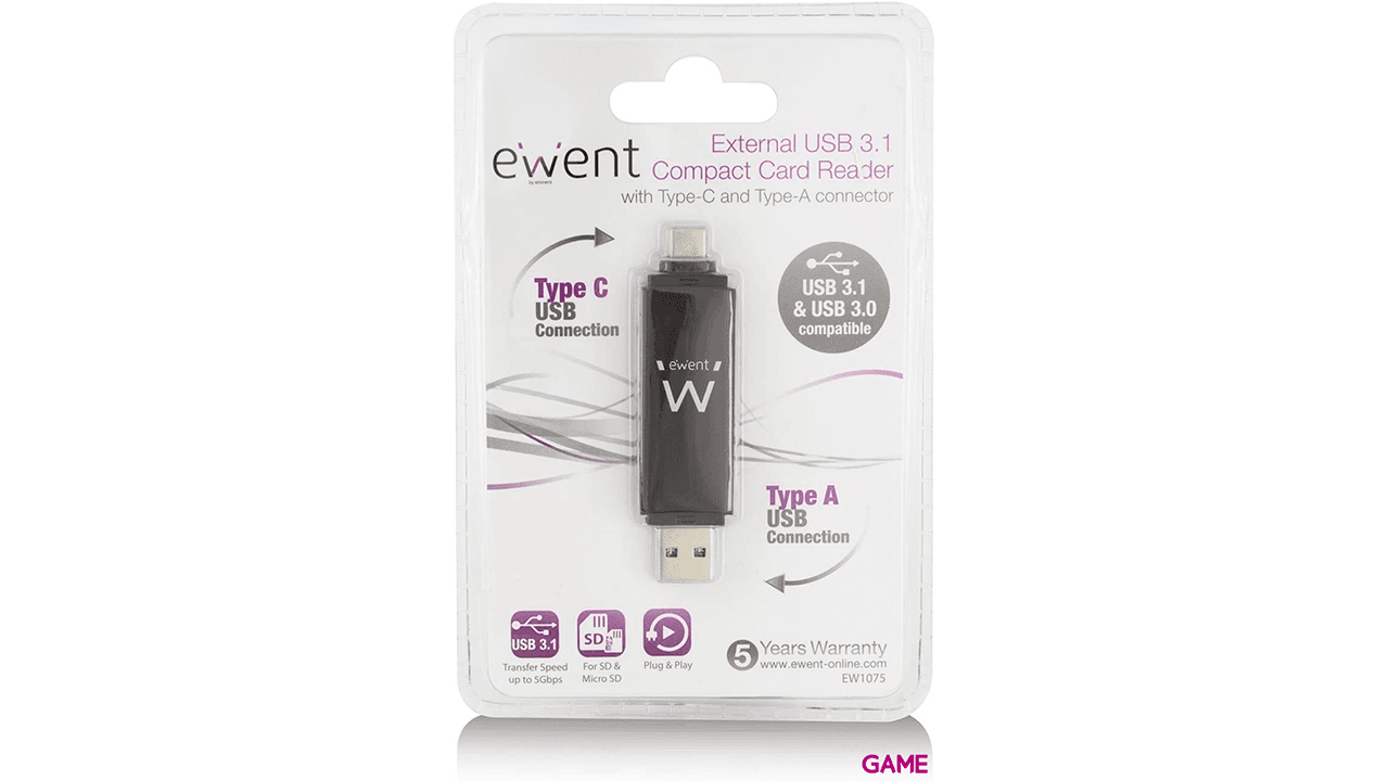 Ewent EW1075 USB 3.2 Gen 1 (3.1 Gen 1) Type-A/Type-C Negro - Lector Tarjetas