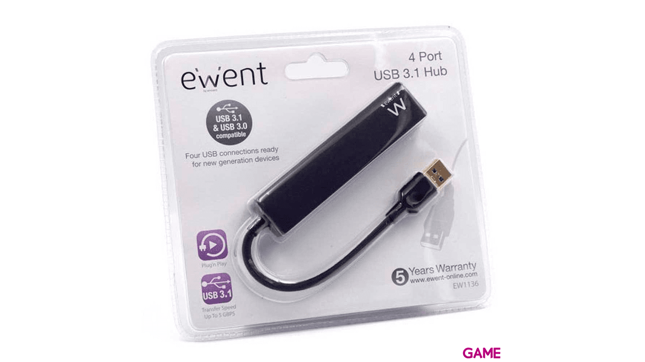 Ewent EW1136 hub de interfaz USB 3.2 Gen 1 (3.1 Gen 1) Type-A 480 Mbit/s Negro