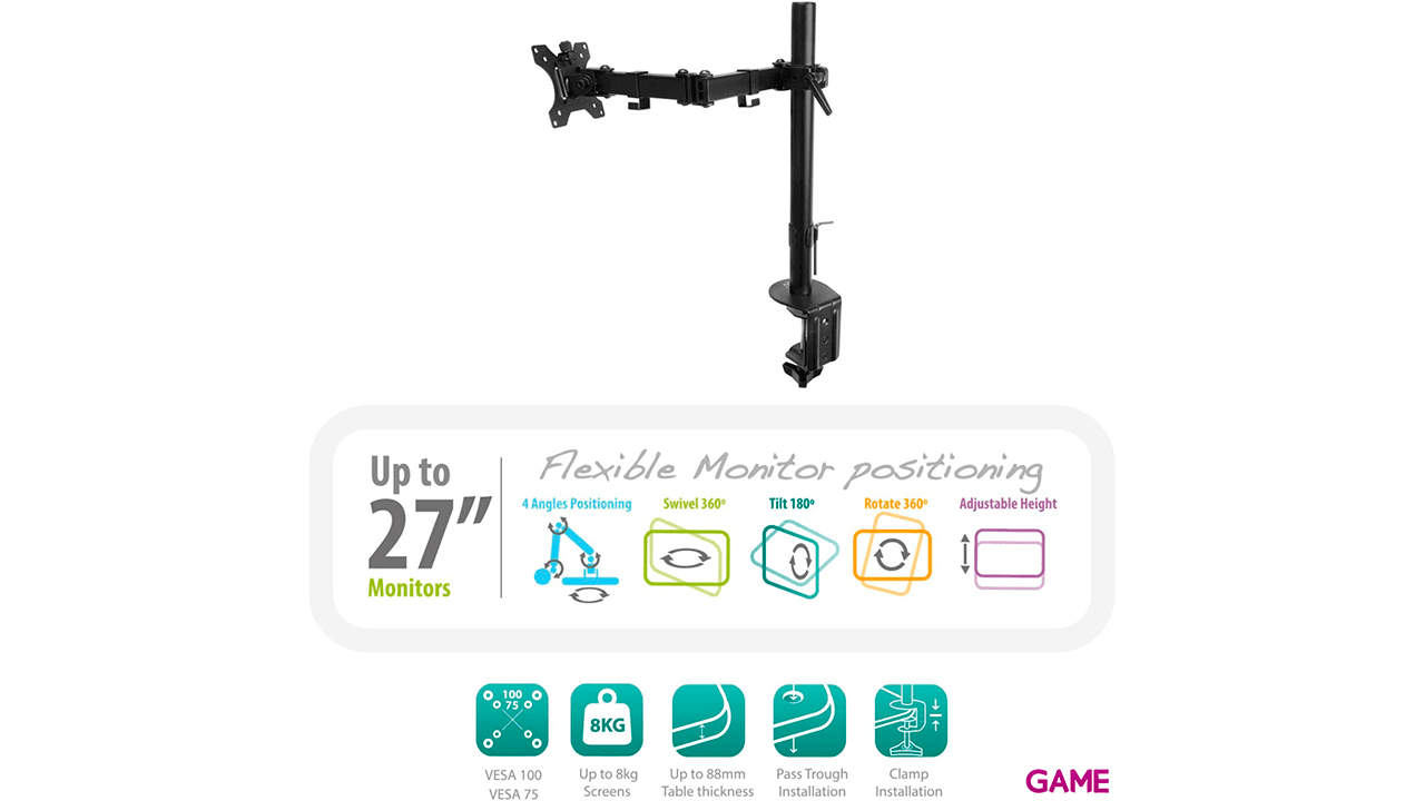 Ewent EW1510 Brazo para monitor hasta 27" 3 puntos de giro Soporte Negro