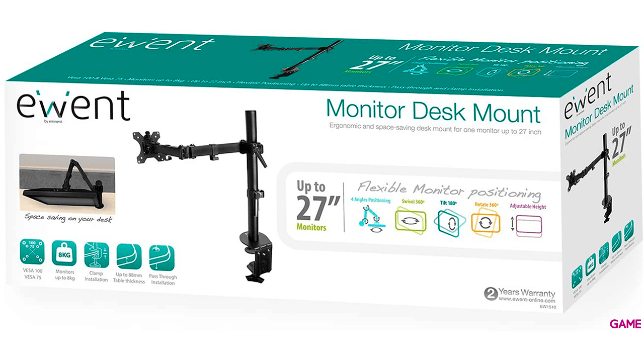 Ewent EW1510 Brazo para monitor hasta 27" 3 puntos de giro Soporte Negro