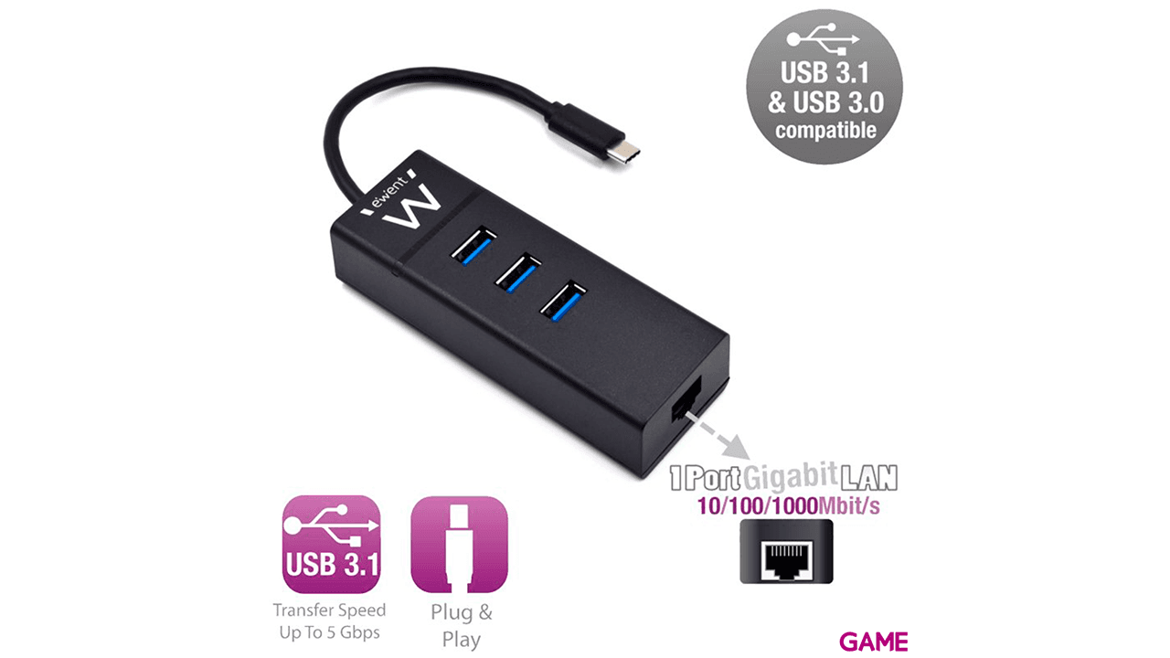 Ewent EW1141 USB 3.2 Gen 1 (3.1 Gen 1) Type-C 5000 Mbit/s Negro - HUB USB
