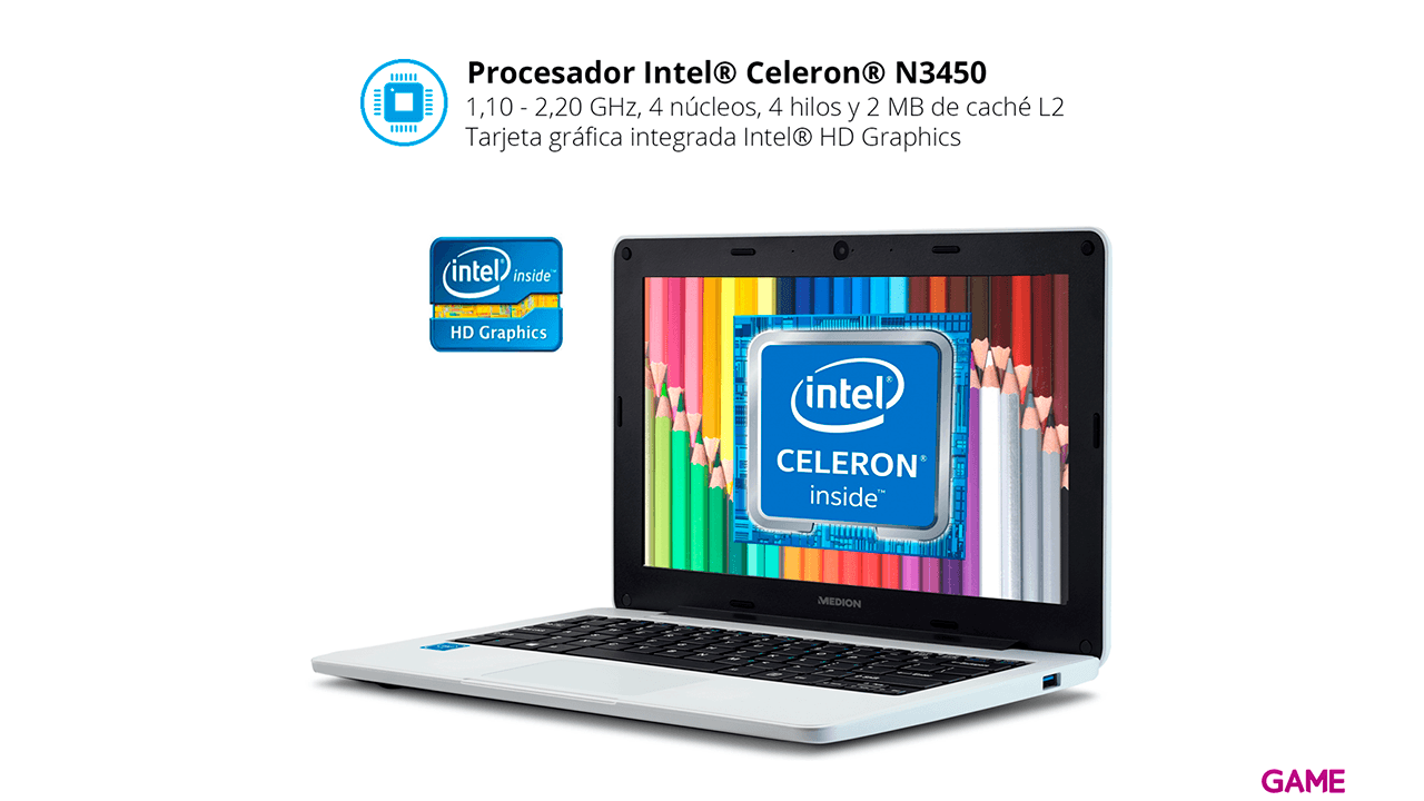 Medion E11201 - Celeron N3450 - 4GB RAM - 64GB SSD - 11,6´´ - W10 - Ordenador Portátil