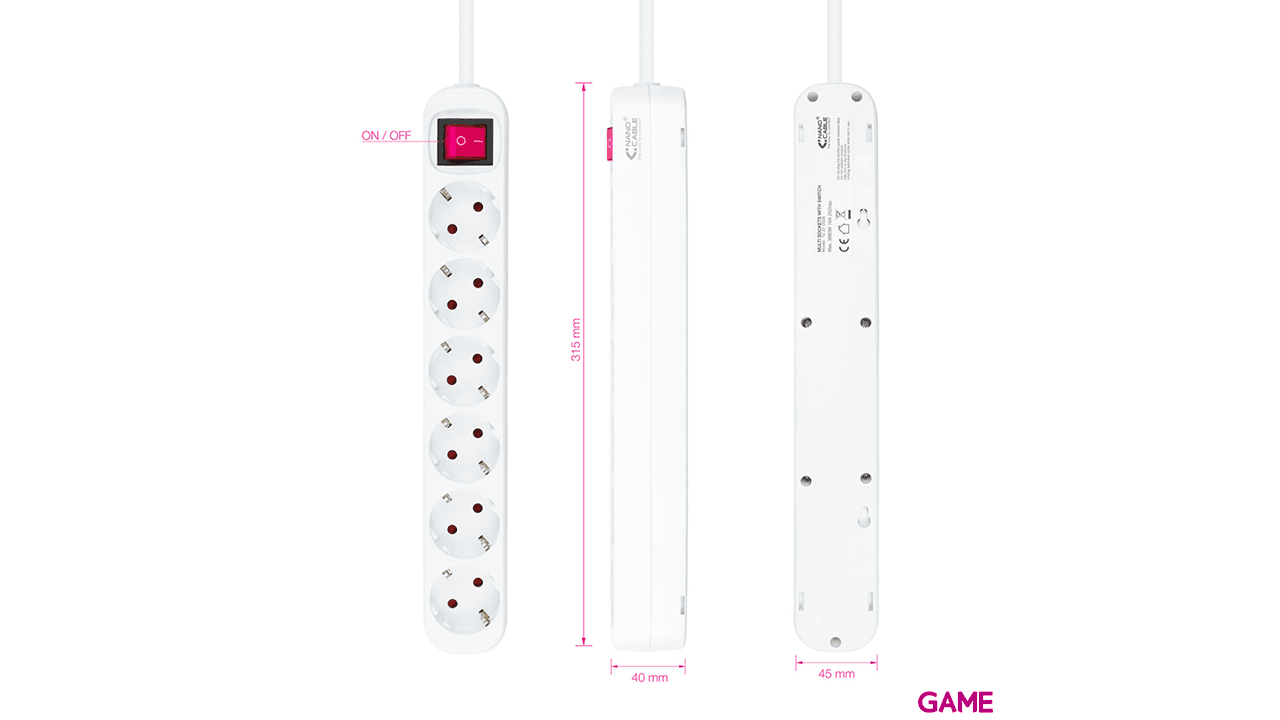 Nanocable 6 Enchufes 1.4m - Interruptor - Blanco - Regleta