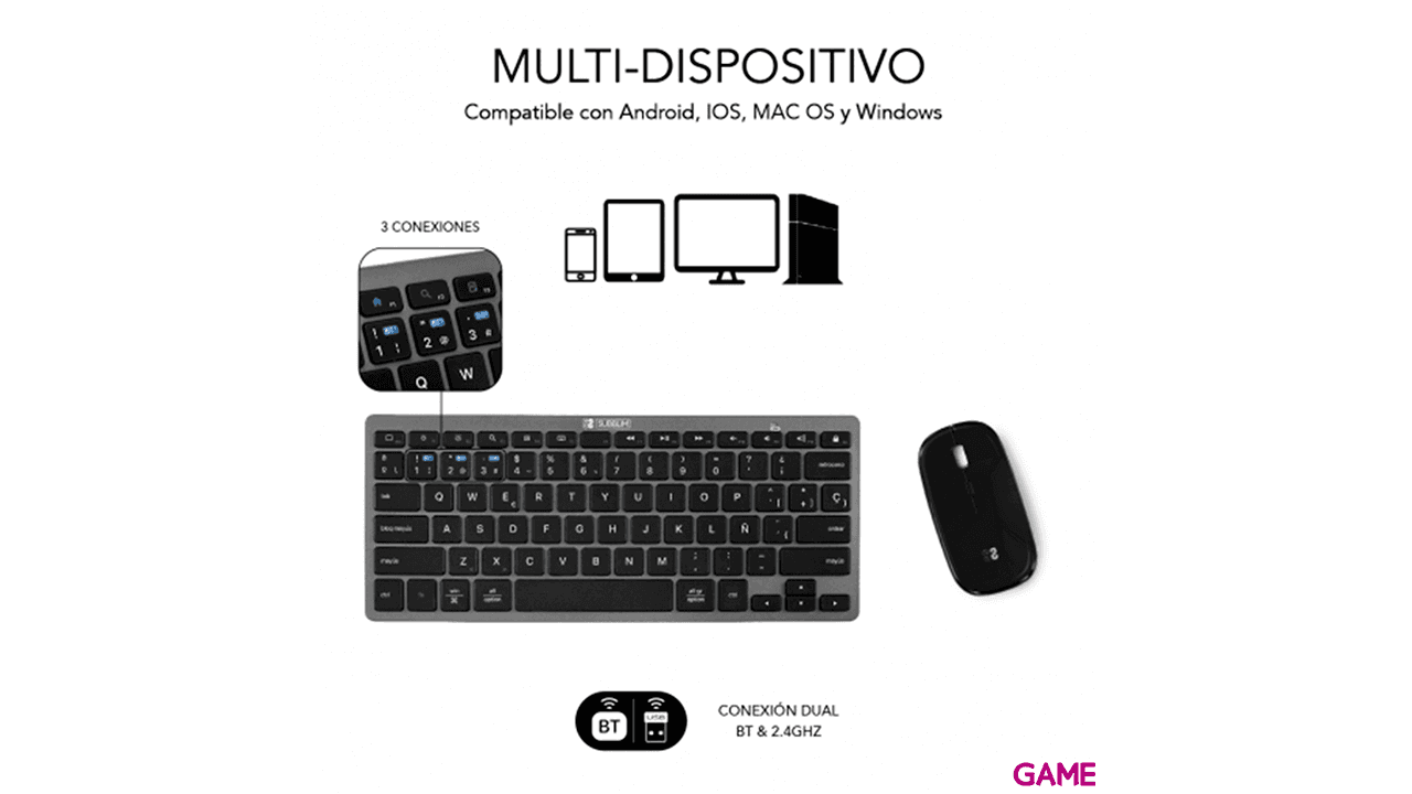 Subblim - Pack Teclado Spanish Layout + Raton Bluetooth  Compacto Gris Negro - Pack Perifericos