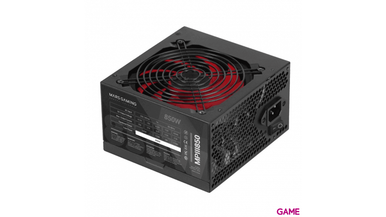 Mars Gaming MPIII850 Fuente Alimentación PC ATX 850W 5 Años Garantía Tecnología Silenciosa AI-RPM 85% Eficiencia Negro