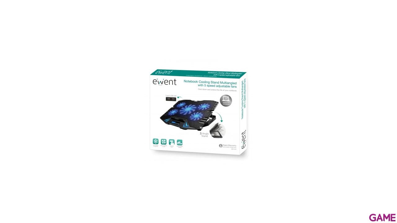 Ewent 1259 Base Refrigeradora para Portatiles 17" HubUsb 5 velocidades Led Azul 5 angulos