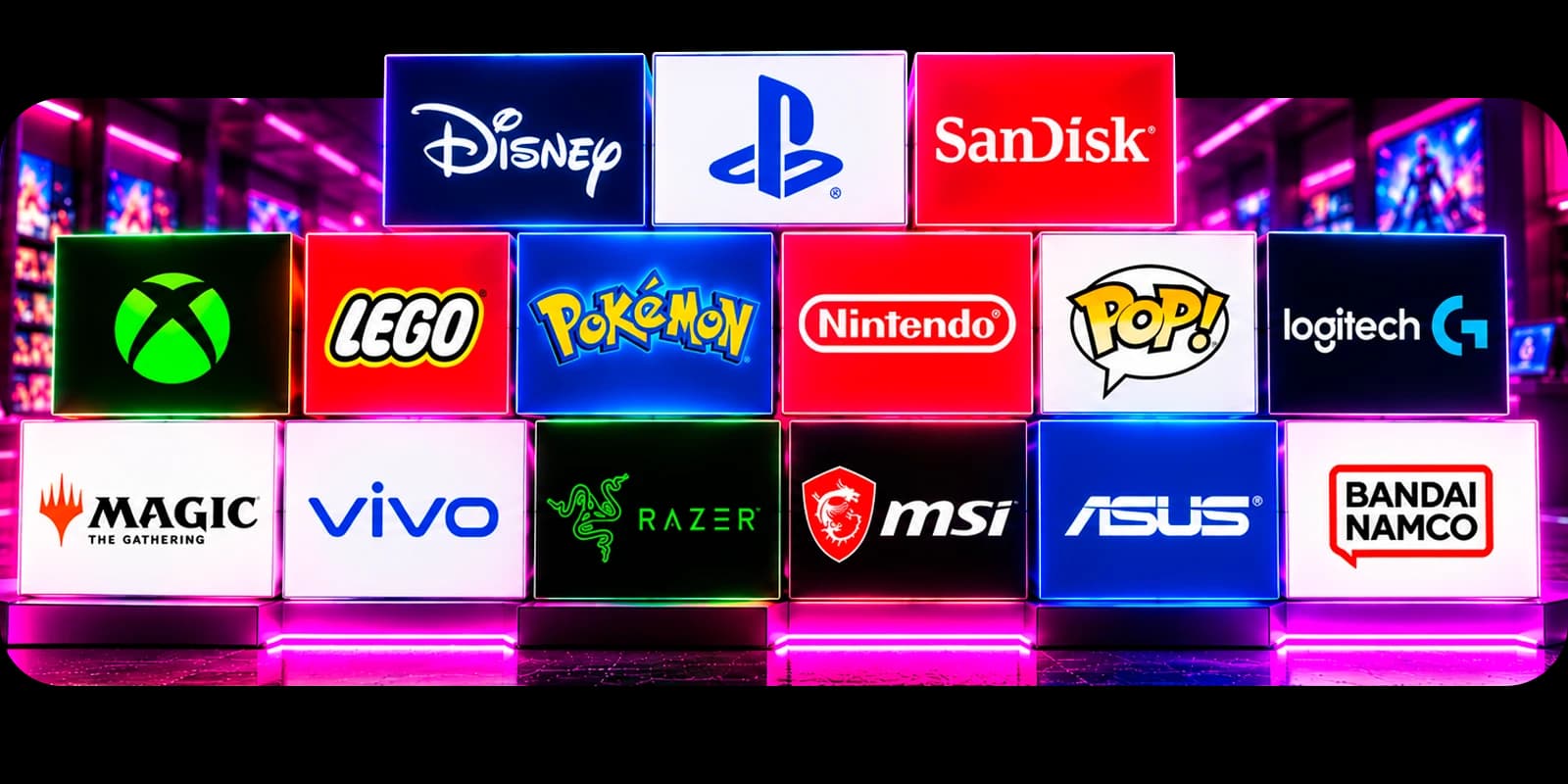 Logos de marcas que vende GAME: Disney, Xbox, LEGO, Pokémon, PlayStation, Nintendo, Funko POP!, Logitech G, Magic: The Gathering, SanDisk, vivo, Razer, MSI, ASUS y Bandai Namco