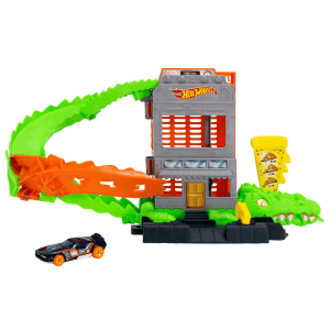 Hot Wheels City Conjunto de juego Croc Pizza Attack de y coche a escala 1:64, compatible con la pista Speed Snap